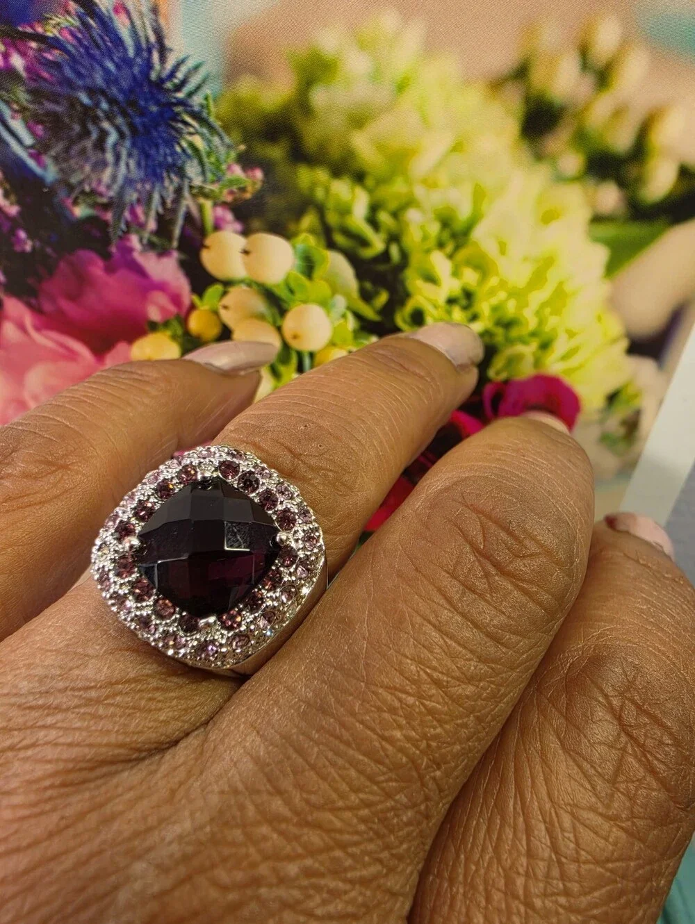 #2596, Mk Michael Kors, Purple Crystal Stones Cocktail Ring, Size 6 Nwot.